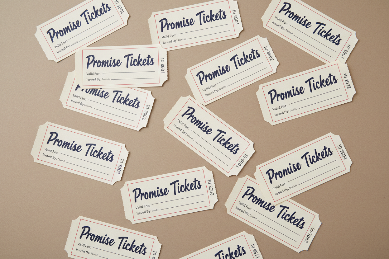 lay tickes flat and have them to say promise tickets have 20 tickets scattered with solid background taupe background