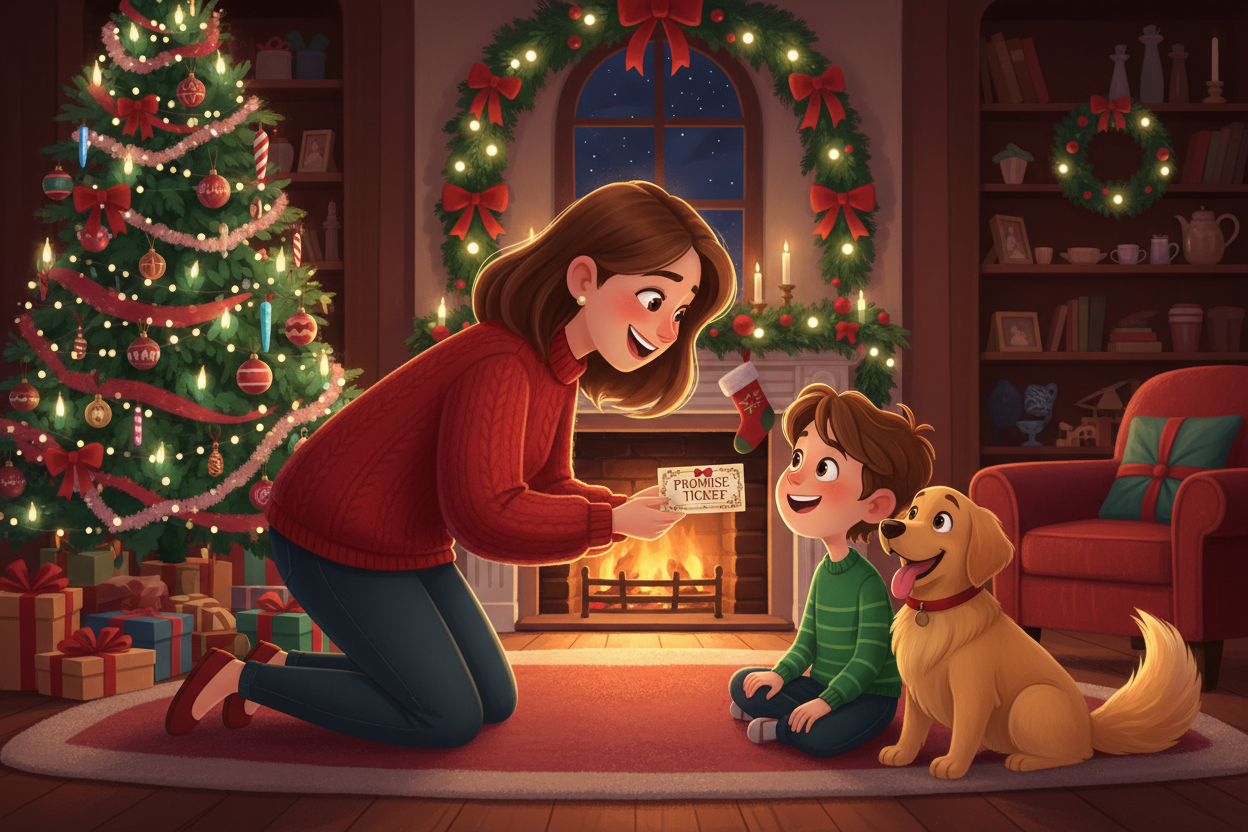 picture of an animated parent handing her animated son a promise ticket make the room christmas decorated have the animated characters smiling happily with a dog beside and panting